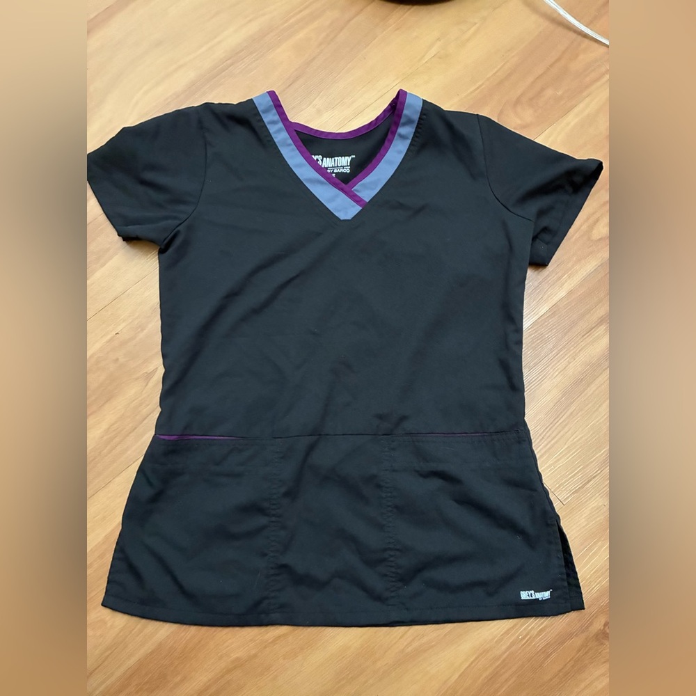 Grey's Anatomy Black Scrub Top with Purple Trim